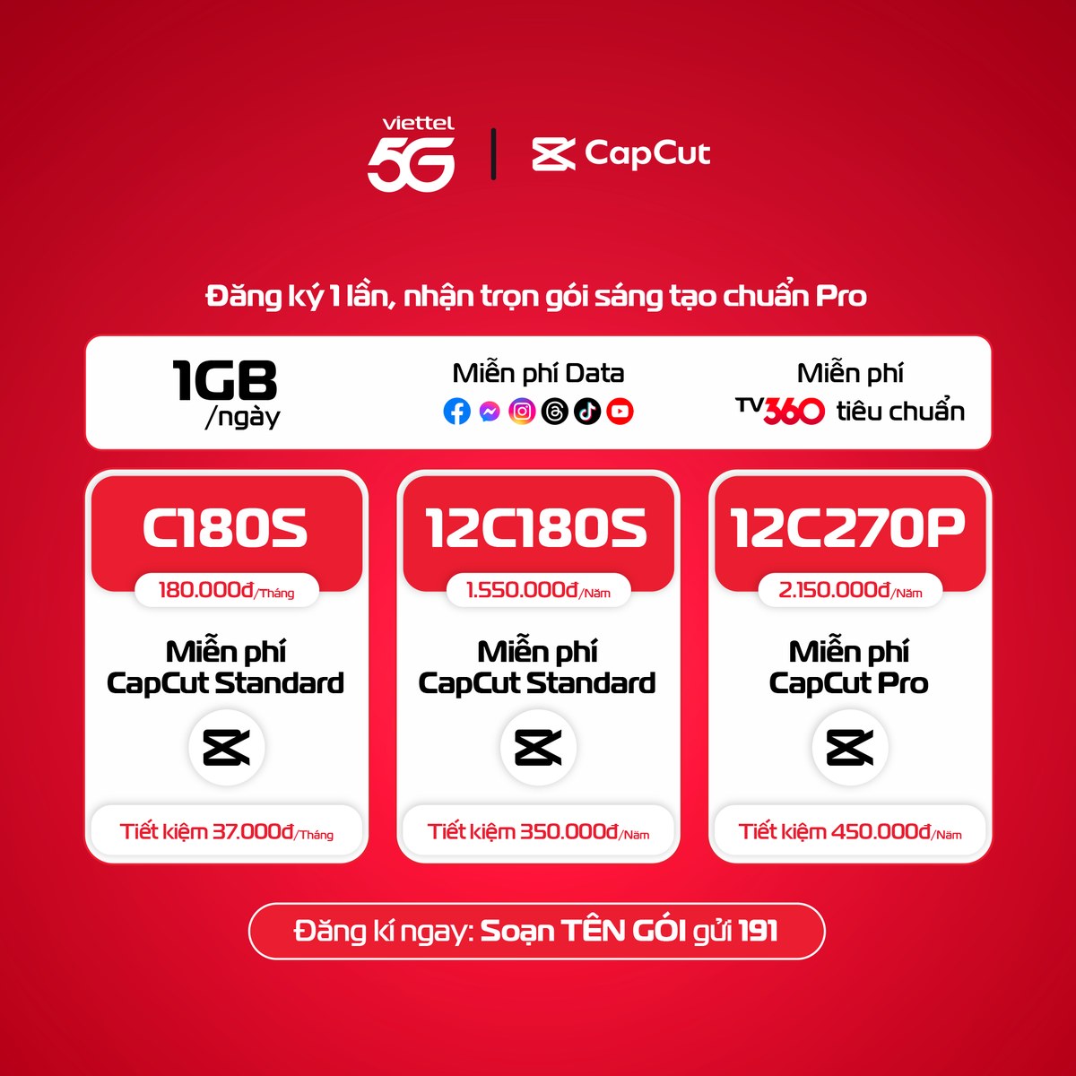 Bảng gói cước Viettel 5G tích hợp CapCut Standard và CapCut Pro