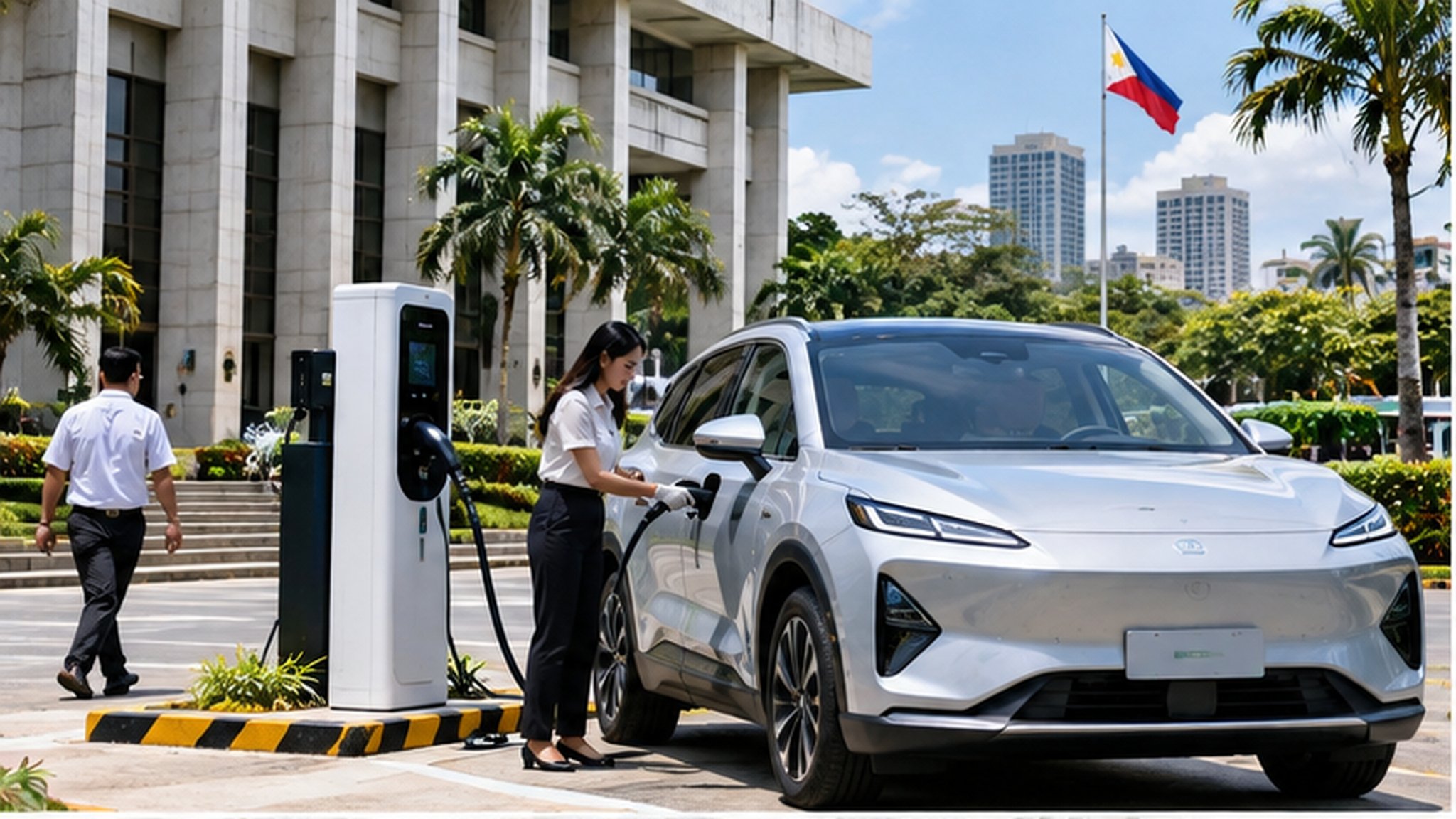 Người dùng sạc xe điện tại khuôn viên cơ quan ở Philippines — Ảnh: minh họa AI