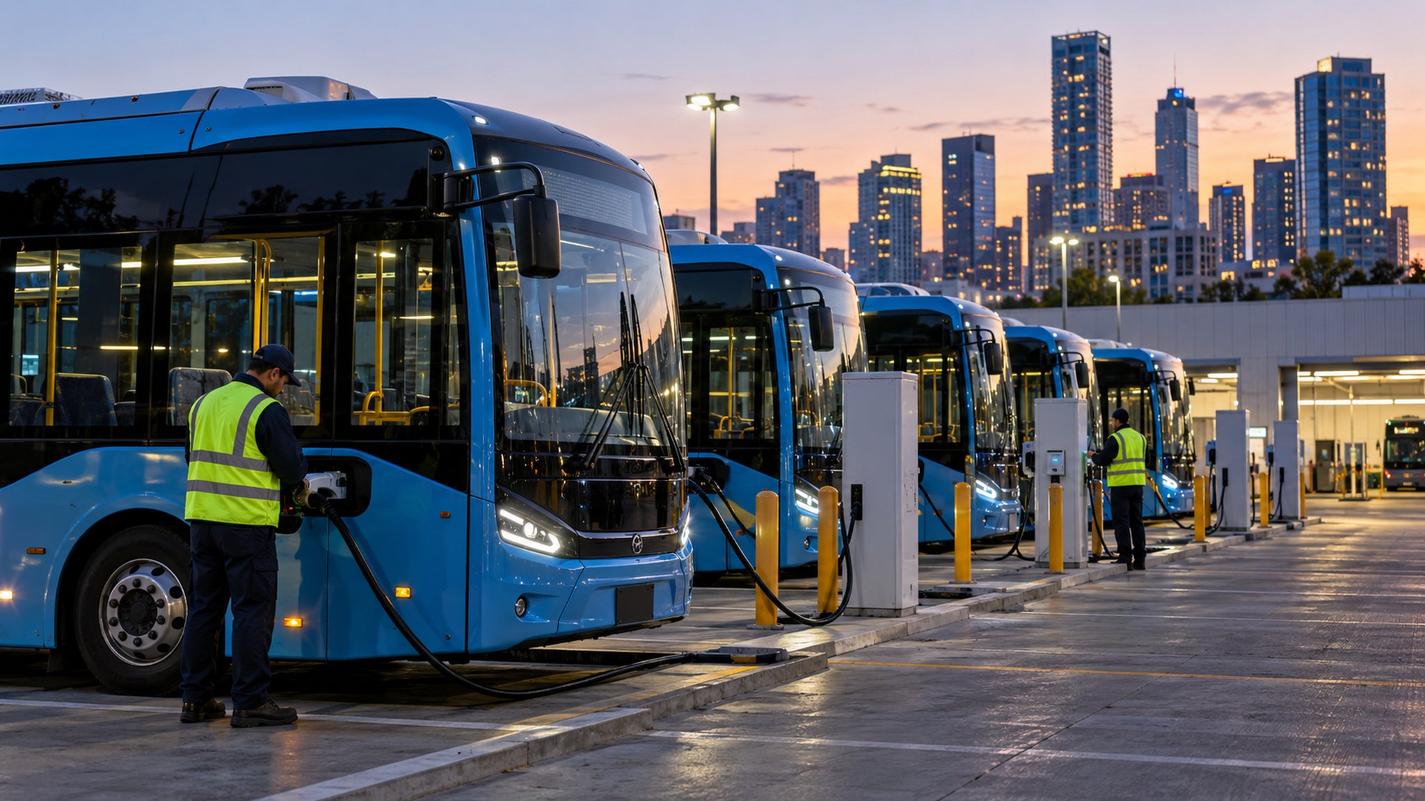 Đội xe buýt điện sạc tại depot vào cuối ngày — Ảnh: minh họa AI