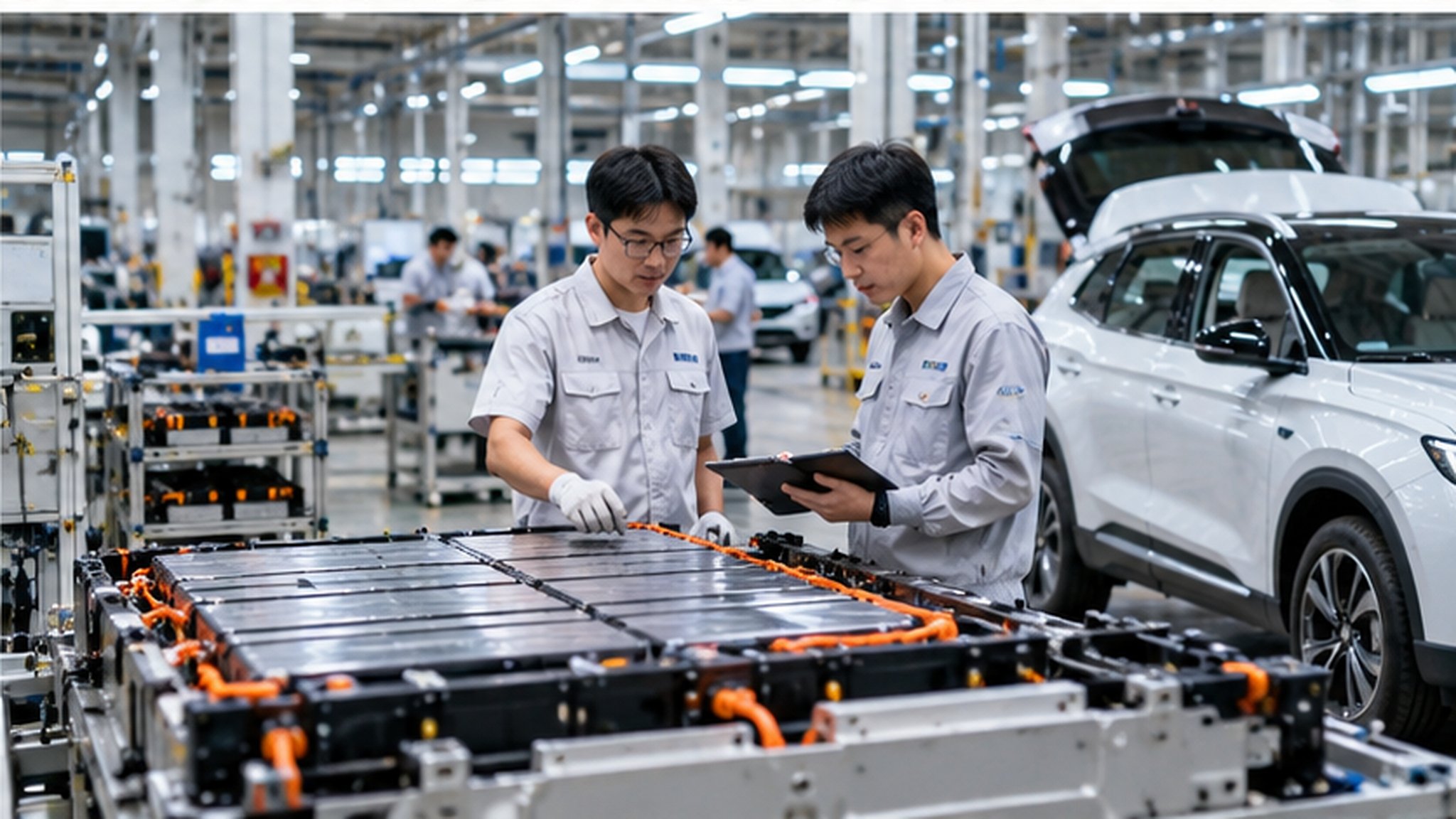 Kỹ thuật viên kiểm tra bộ pin xe điện trong nhà máy. Ảnh minh họa.
