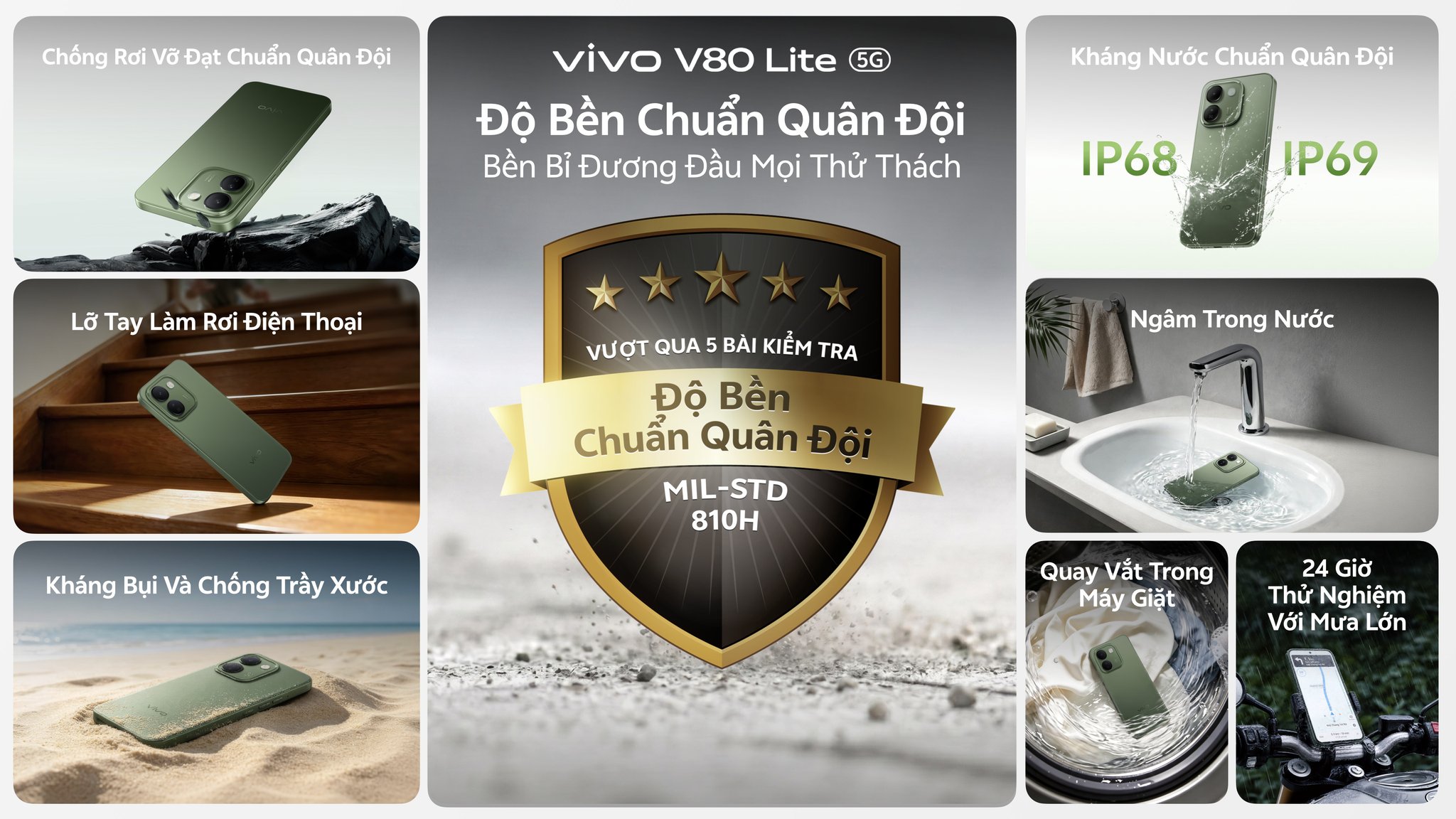 vivo V80 Lite 5G được giới thiệu với các bài thử độ bền, kháng bụi và kháng nước — Ảnh: vivo Việt Nam