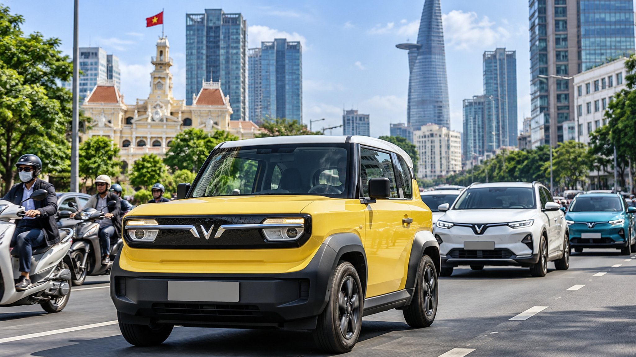 VinFast VF 3 di chuyển trên đường phố đô thị Việt Nam — Ảnh: minh họa AI