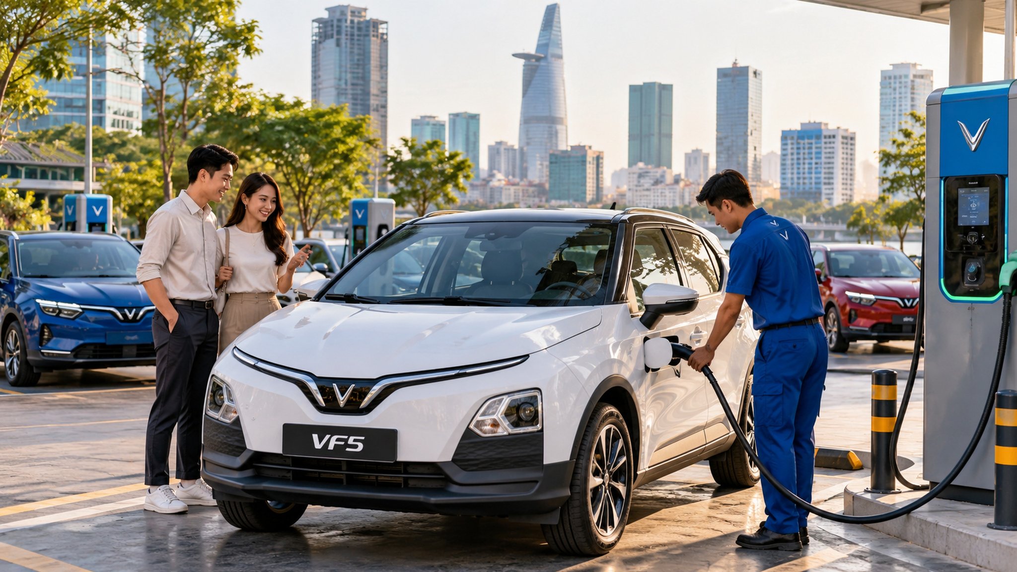 VinFast VF 5 tại điểm sạc xe điện trong đô thị — Ảnh: minh họa AI
