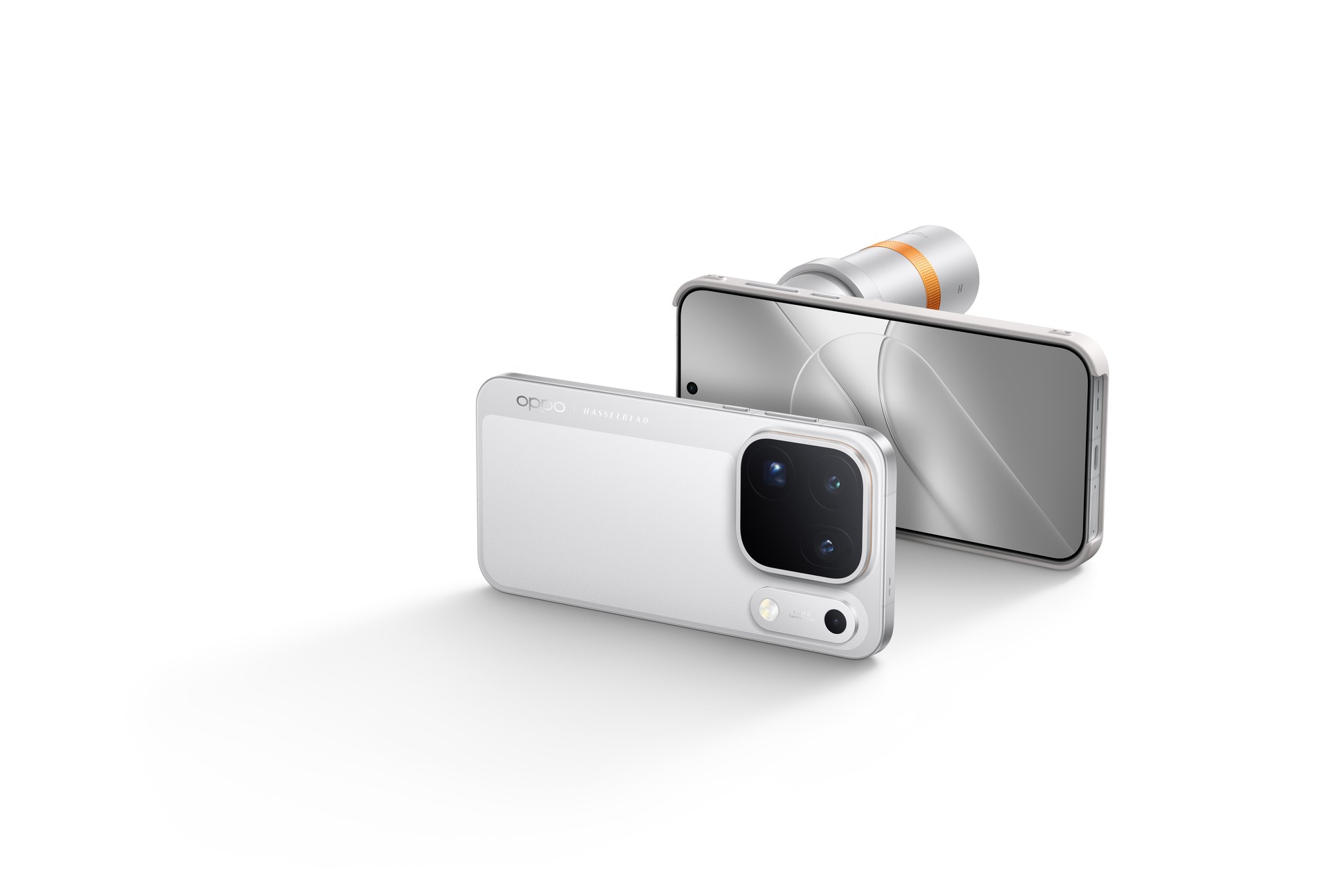 Hai máy OPPO Find X10 Pro Max trắng cùng ống kính Teleconverter Hasselblad