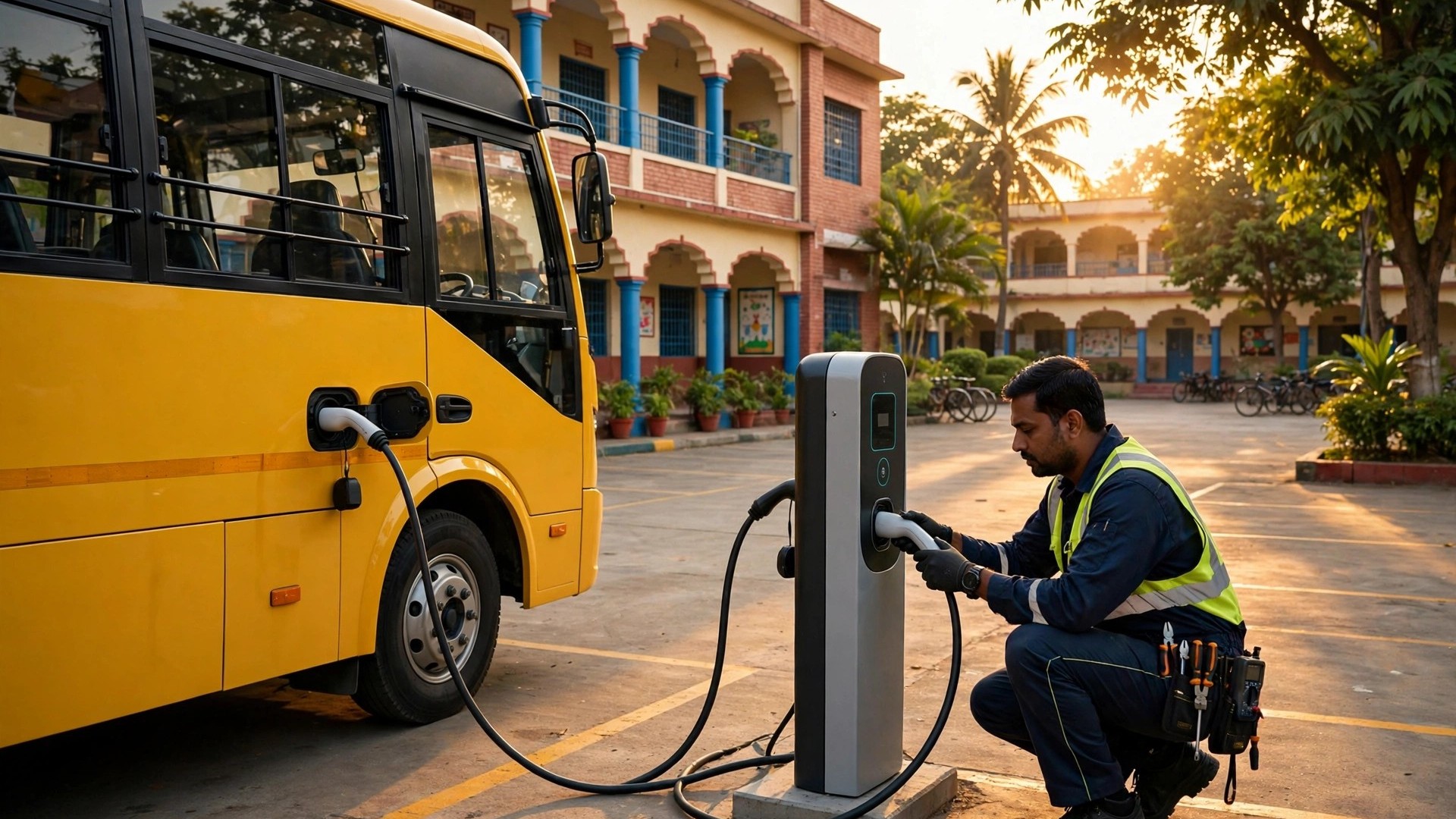 Kỹ thuật viên cắm cáp sạc cho xe buýt trường học chạy điện màu vàng trong khuôn viên một trường học tại Ấn Độ