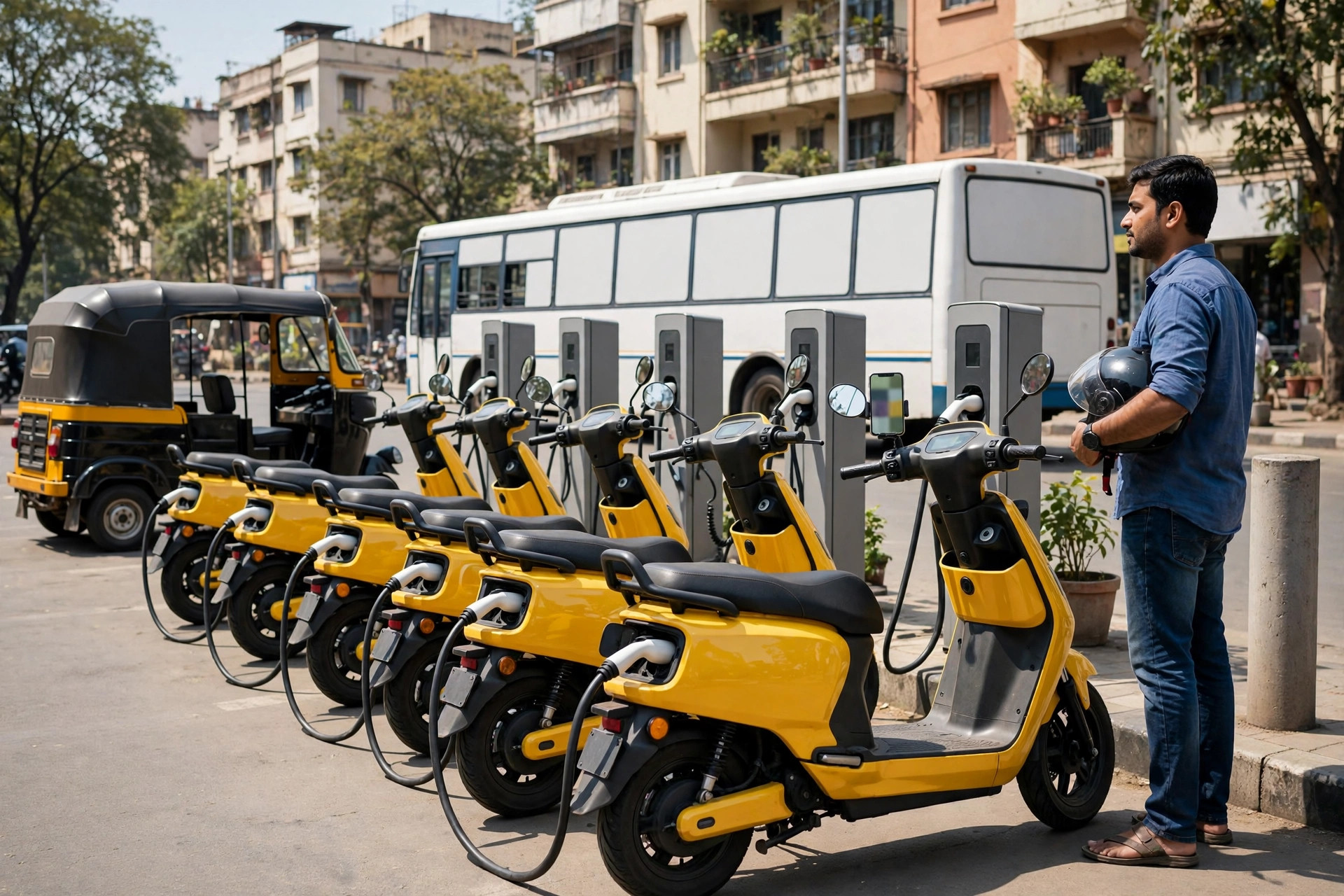 Hàng xe máy điện đang cắm sạc tại một điểm sạc công cộng ở Ấn Độ