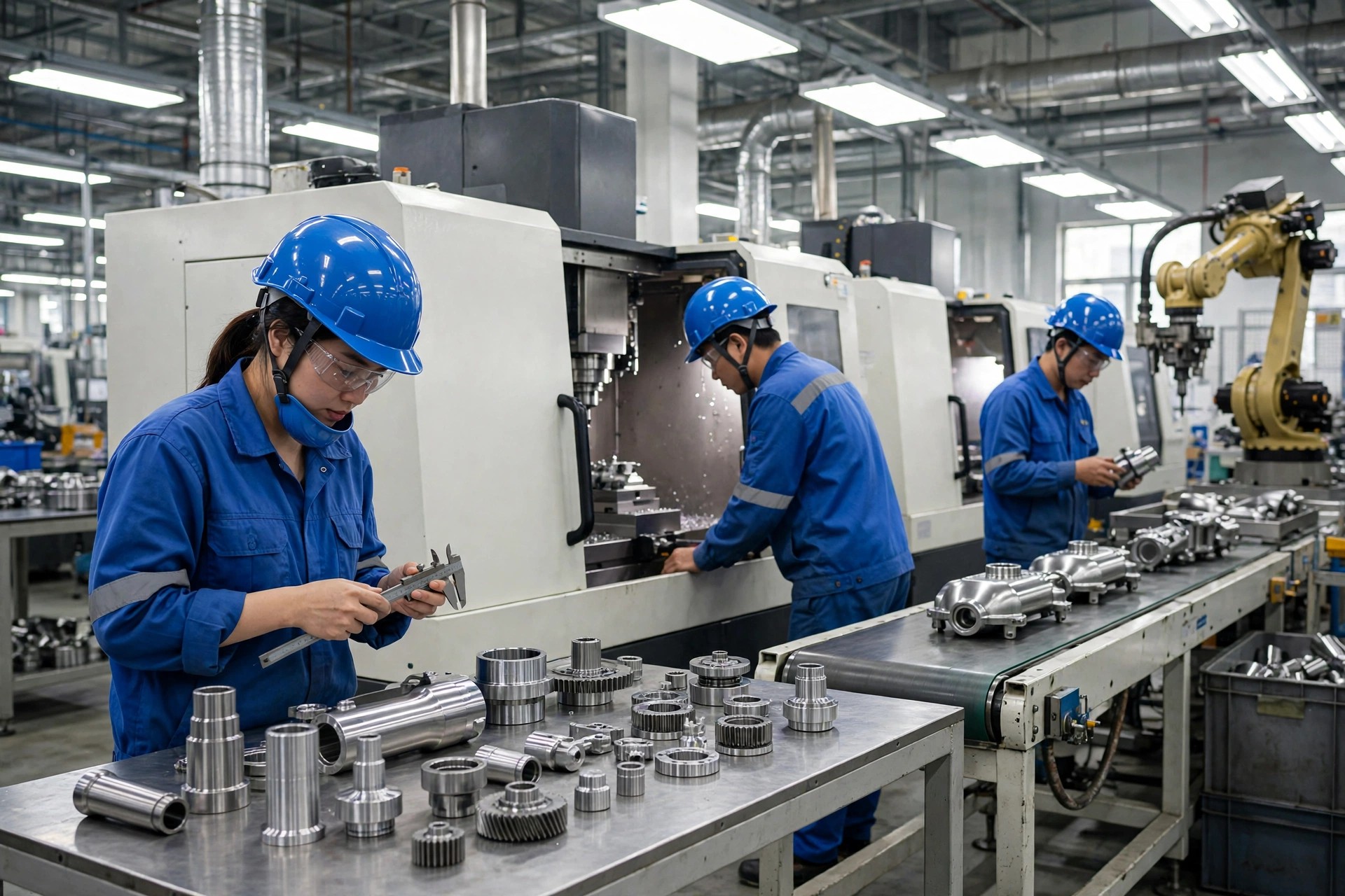 Công nhân kiểm tra linh kiện kim loại trên dây chuyền sản xuất trong nhà máy công nghiệp hỗ trợ