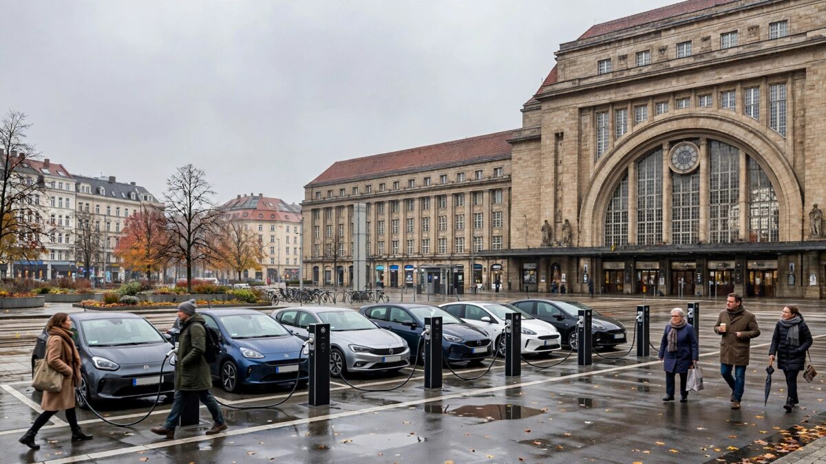 Hàng xe điện đang sạc tại trạm sạc công cộng trước nhà ga chính Leipzig, Đức