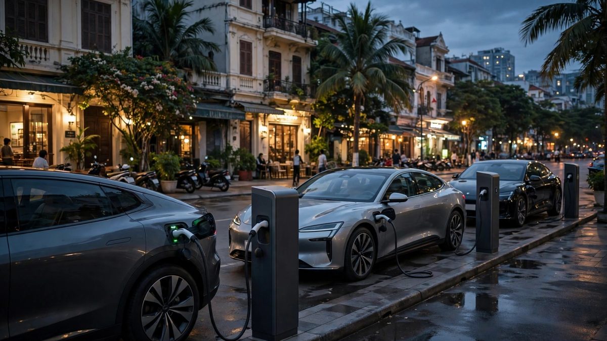 Xe điện đang sạc tại trạm sạc trong thành phố lúc hoàng hôn — thị trường ô tô Việt Nam tăng nhanh nhất ASEAN-6