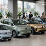 Dãy xe điện VinFast gồm VF 3, Limo Green, VF 6 và VF 8 trong showroom tại Việt Nam