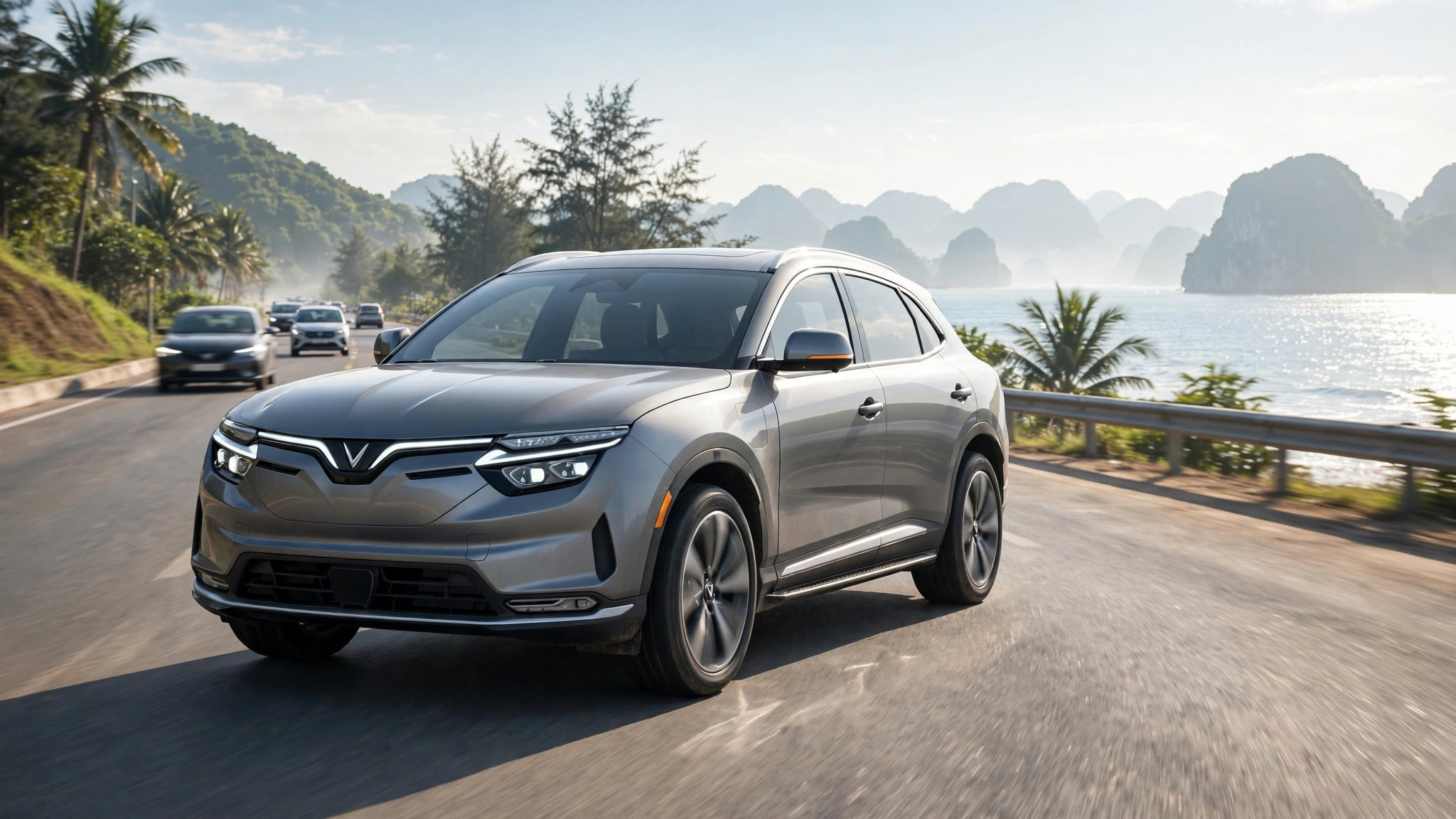 Xe điện VinFast VF 8 chạy trên đường cao tốc ven biển Việt Nam buổi sáng