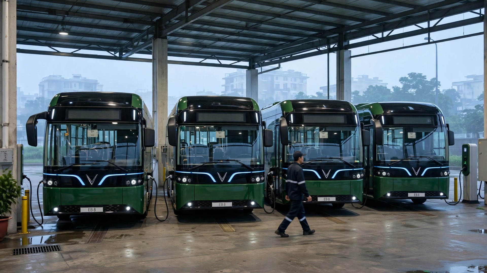 Hàng xe buýt điện VinFast EB8 màu xanh Hanoibus đang cắm sạc tại bãi xe của Transerco vào lúc rạng sáng