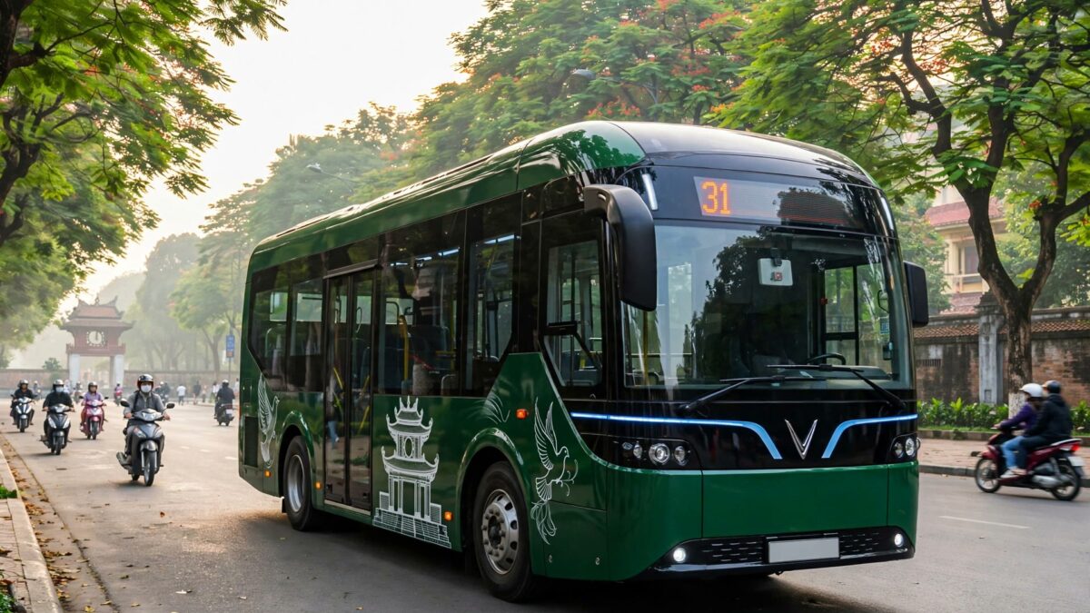 Xe buýt điện VinFast EB8 màu xanh Hanoibus với họa tiết chim hòa bình và Khuê Văn Các chạy trên phố Hà Nội