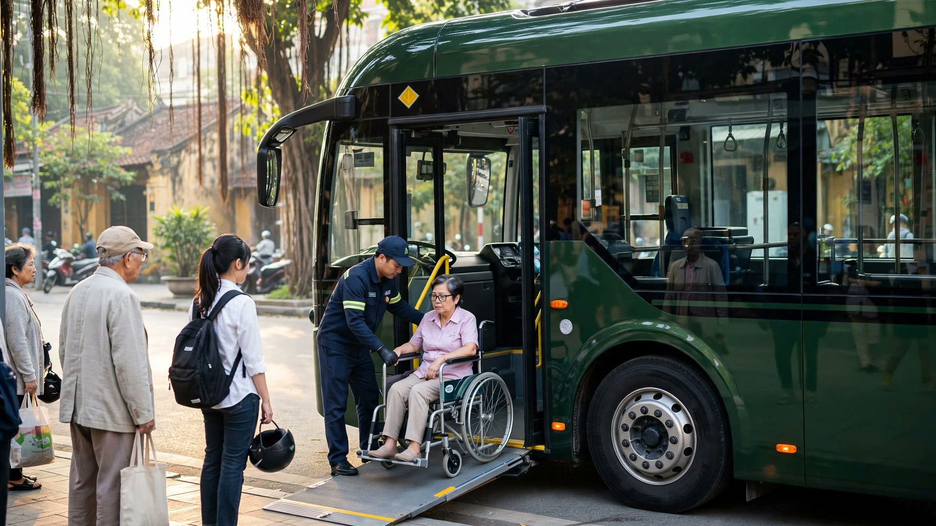 Hành khách ngồi xe lăn được hỗ trợ lên xe buýt điện VinFast EB8 qua dốc điện tại một điểm dừng ở Hà Nội