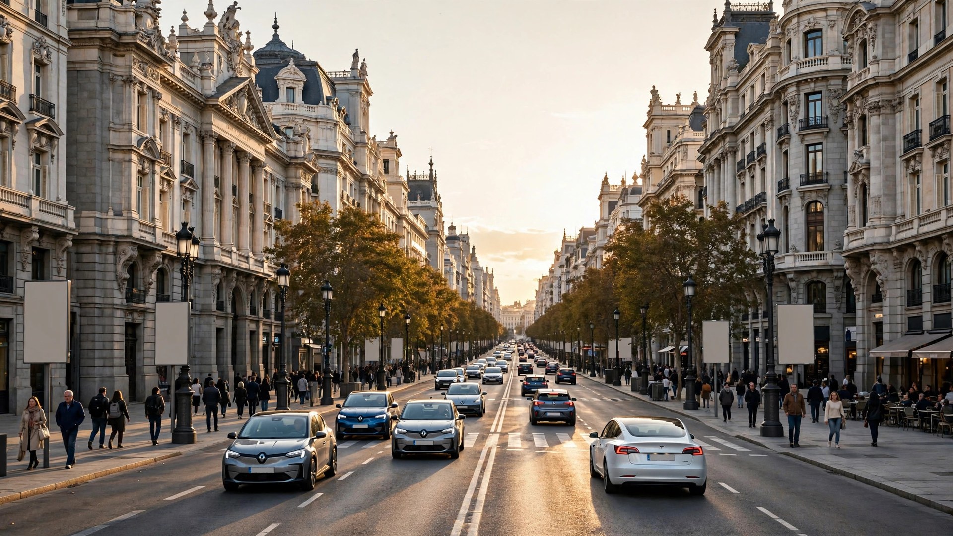 Dòng ô tô điện lưu thông trên đại lộ lớn tại Madrid, Tây Ban Nha vào buổi chiều