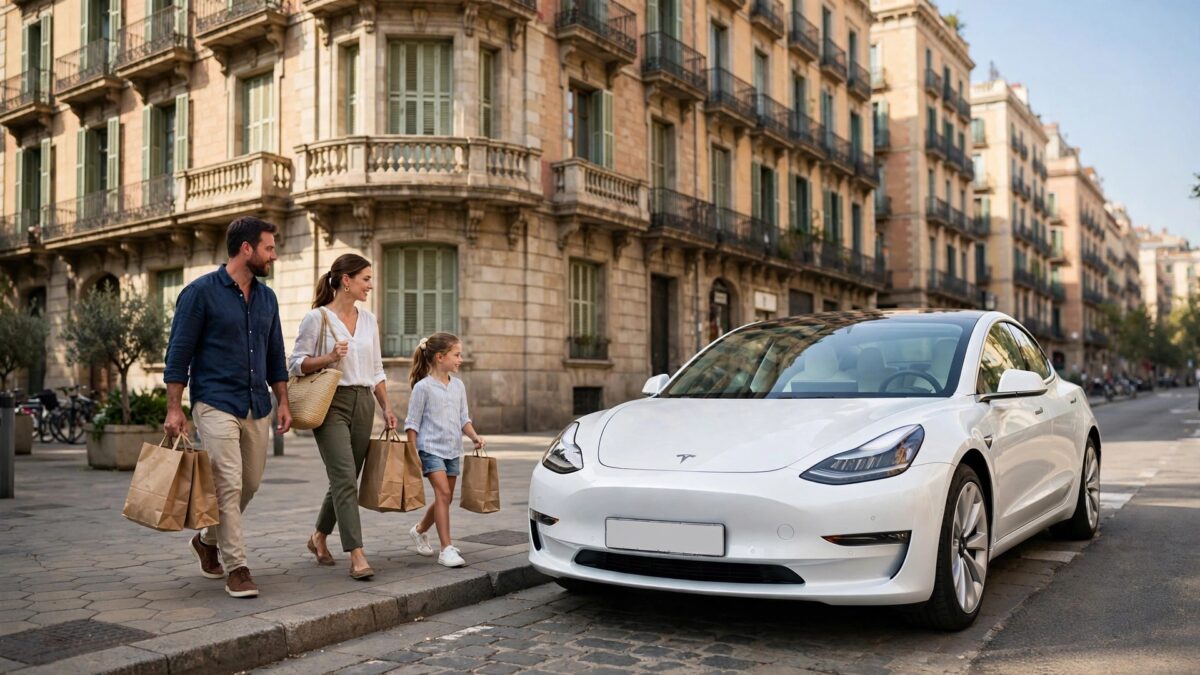 Gia đình Tây Ban Nha đi bộ tới chiếc xe điện Tesla Model 3 đỗ trước tòa nhà góc vát tại Barcelona
