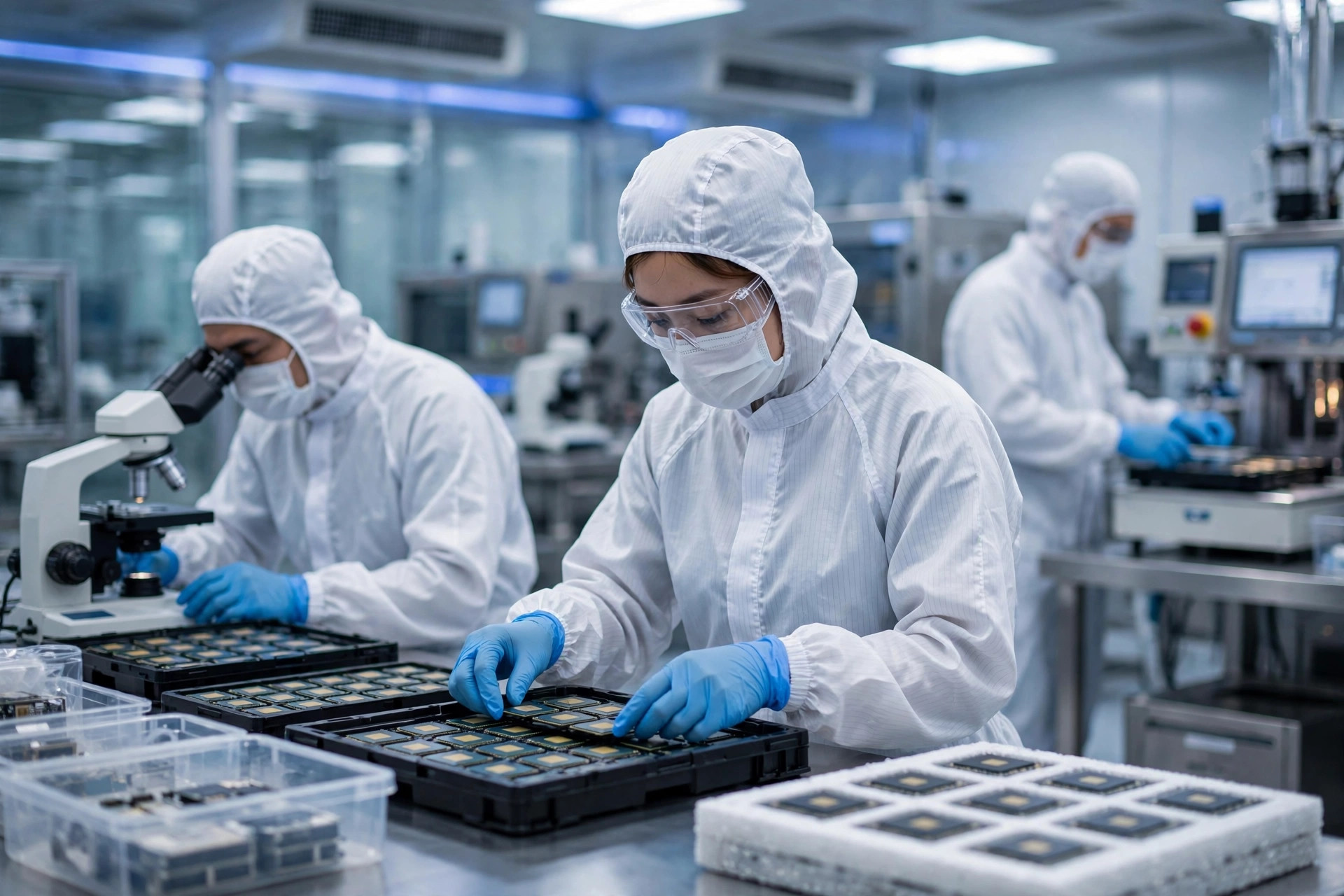 Kỹ sư trong phòng sạch kiểm tra các khay chip bán dẫn tại nhà máy lắp ráp và kiểm thử