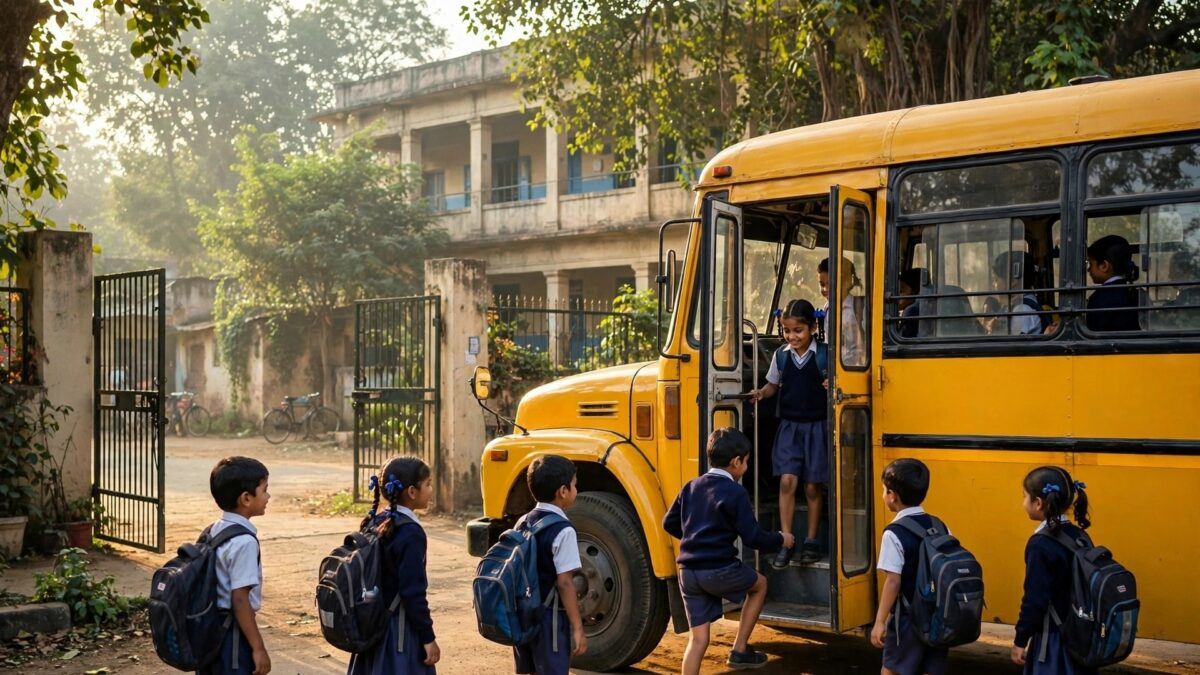 Học sinh Ấn Độ mặc đồng phục bước lên xe buýt trường học màu vàng trước cổng trường vào buổi sáng