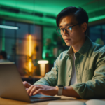 Nhân viên văn phòng làm việc trên laptop vào buổi tối cùng Agentic AI