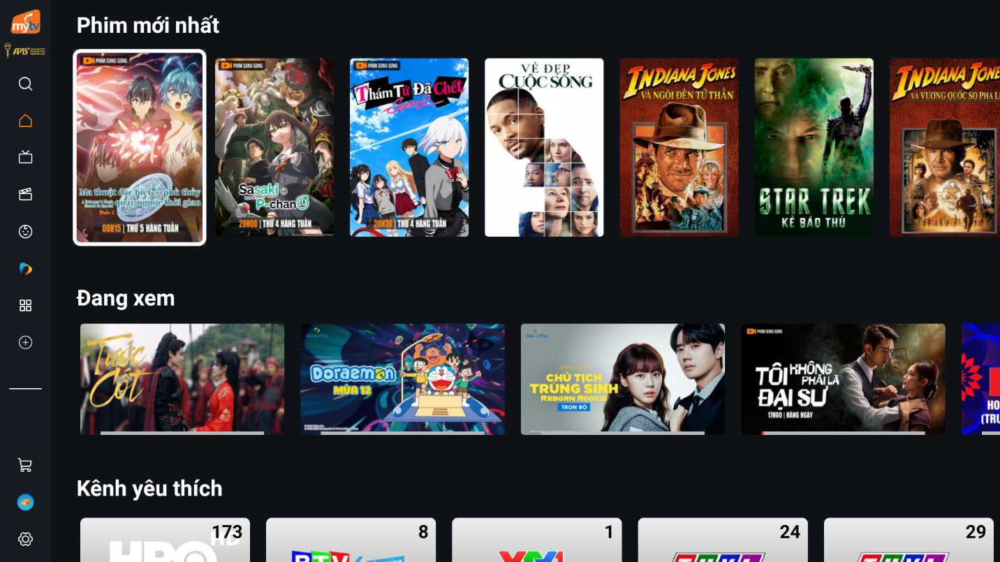 Giao diện MyTV với các mục Phim mới nhất, Đang xem và Kênh yêu thích