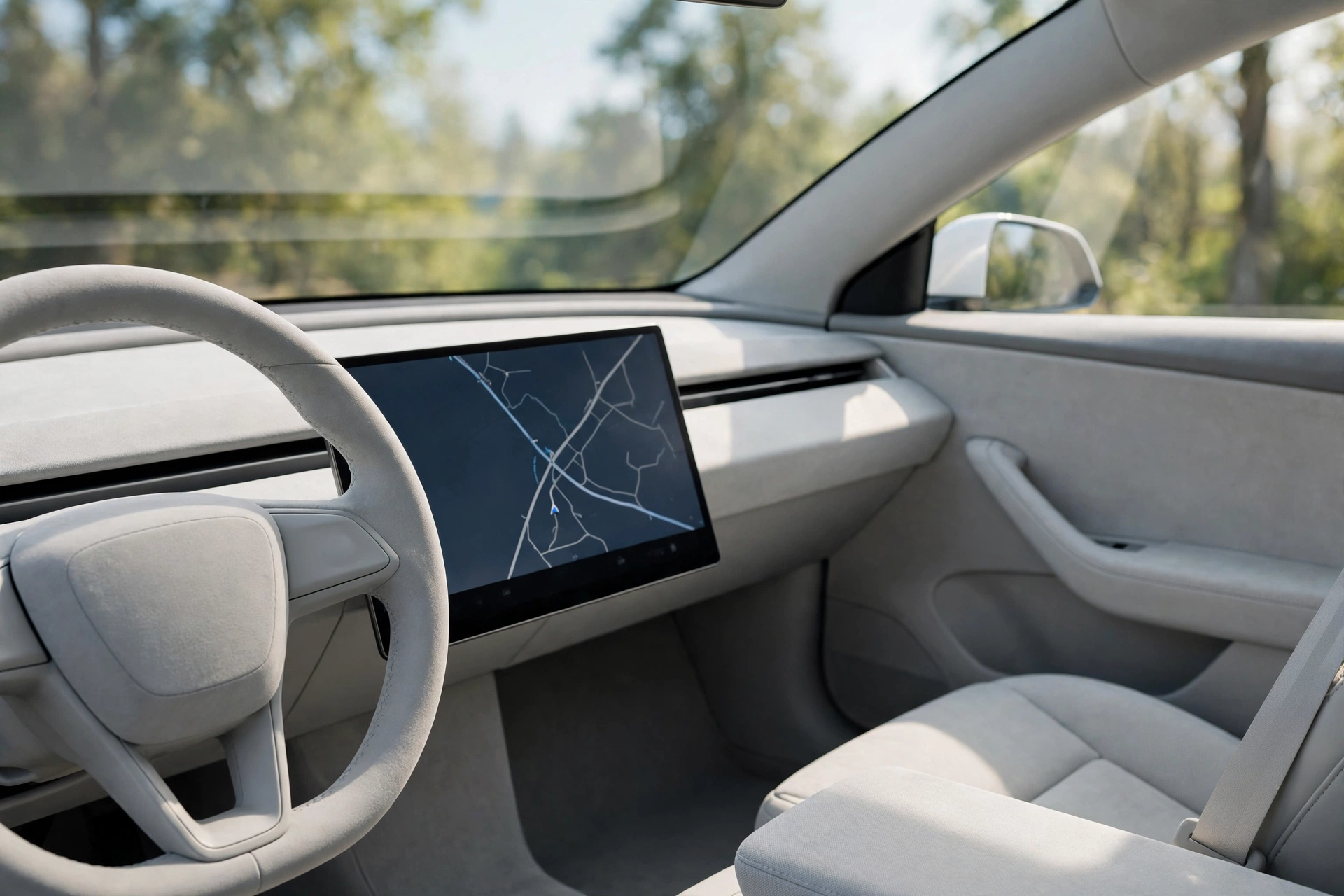 Khoang lái xe điện Tesla Model 3 và Model Y với màn hình cảm ứng trung tâm lớn và vô lăng tối giản