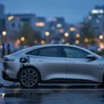 Xe điện Tesla Model 3 và Model Y, mẫu sedan điện đang sạc tại trạm sạc nhanh lúc chạng vạng