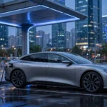 Volkswagen ID. Unyx 09, mẫu sedan điện sạc nhanh 5C vừa ra mắt tại Trung Quốc, đang sạc tại trạm sạc nhanh lúc chạng vạng