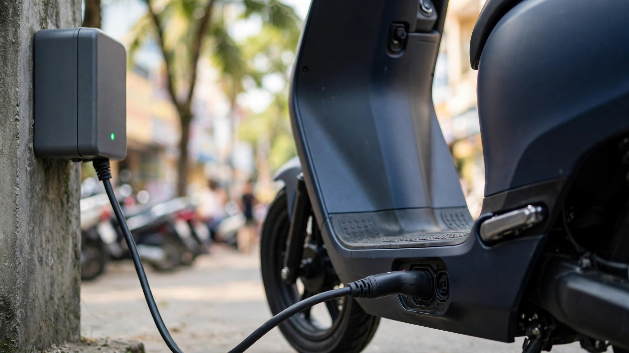 Xe máy điện tại trạm sạc công cộng ở Việt Nam