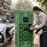 Người phụ nữ đổi pin xe máy điện VinFast tại tủ đổi pin V Green trên phố Hà Nội buổi sáng