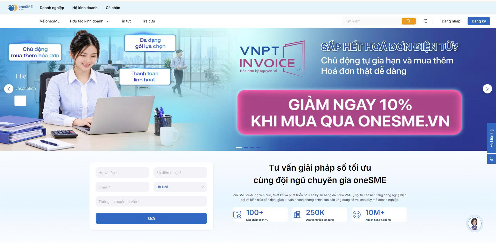 Giao diện trang OneSME.vn, nơi doanh nghiệp tự gia hạn và mua thêm hóa đơn điện tử VNPT Invoice. Ảnh chụp màn hình: OneSME.vn
