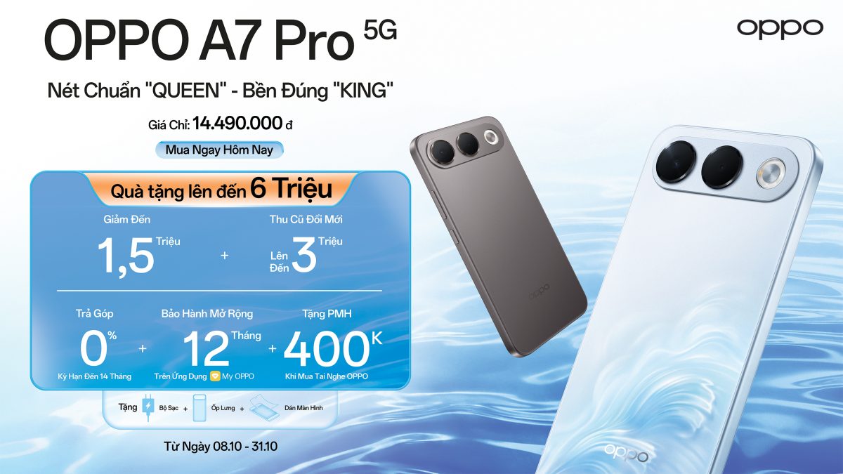 OPPO A7 Pro 5G trong ảnh giới thiệu chính thức với hai phiên bản màu và chương trình ưu đãi mở bán