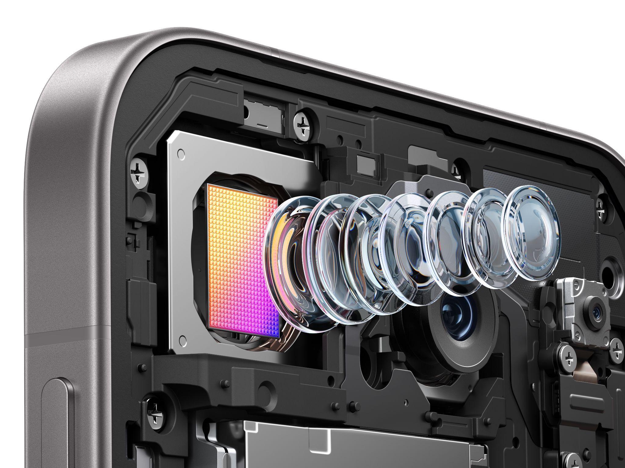 Mô đun camera của điện thoại OPPO Find X10 Series nhìn theo mặt cắt với các thấu kính xếp lớp và cảm biến hình ảnh