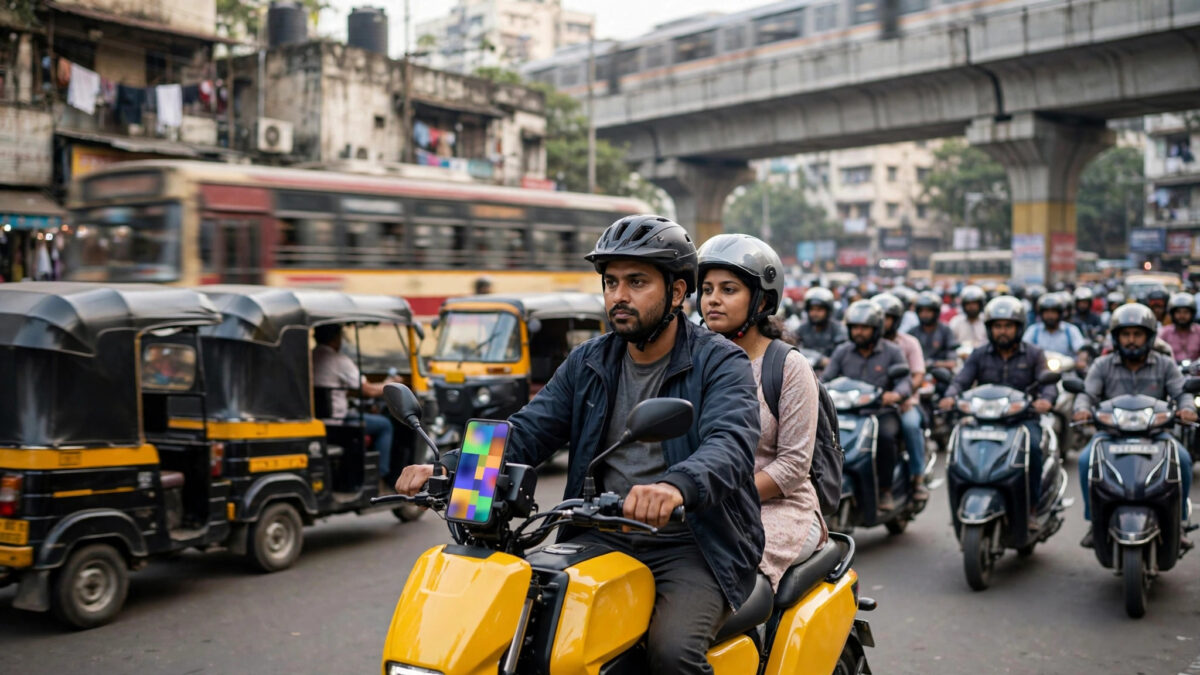 Tài xế xe ôm công nghệ chạy xe máy điện màu vàng trên đường phố Mumbai, Ấn Độ