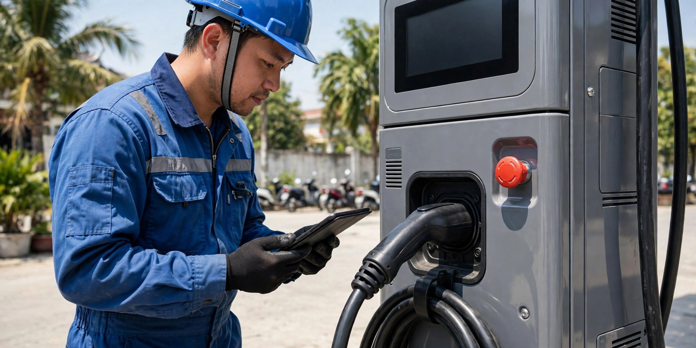 Kỹ thuật viên kiểm tra trụ sạc, thiết bị phải hợp quy theo QCVN 32:2026/BCT
