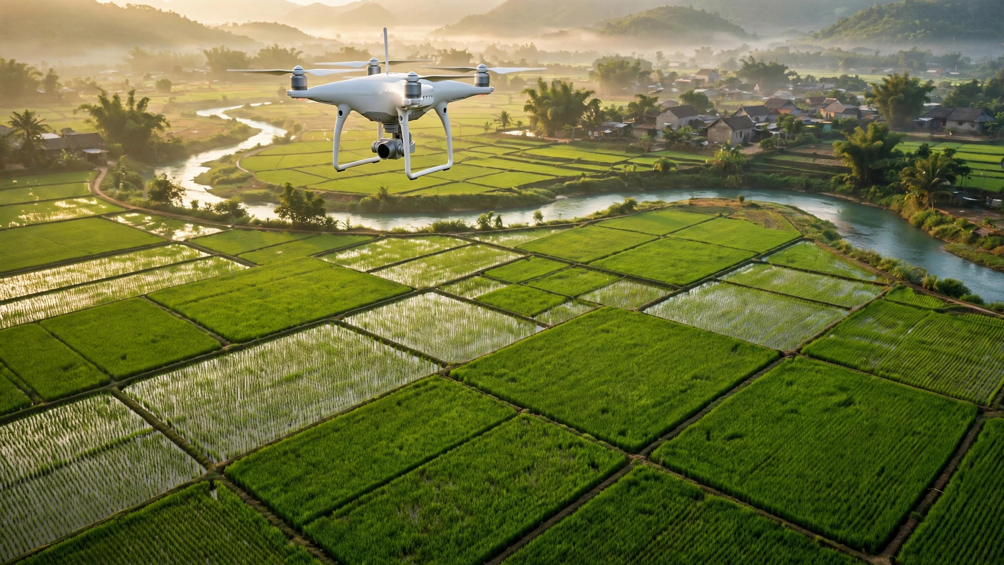 Thiết bị bay không người lái UAV bay trên cánh đồng lúa Việt Nam