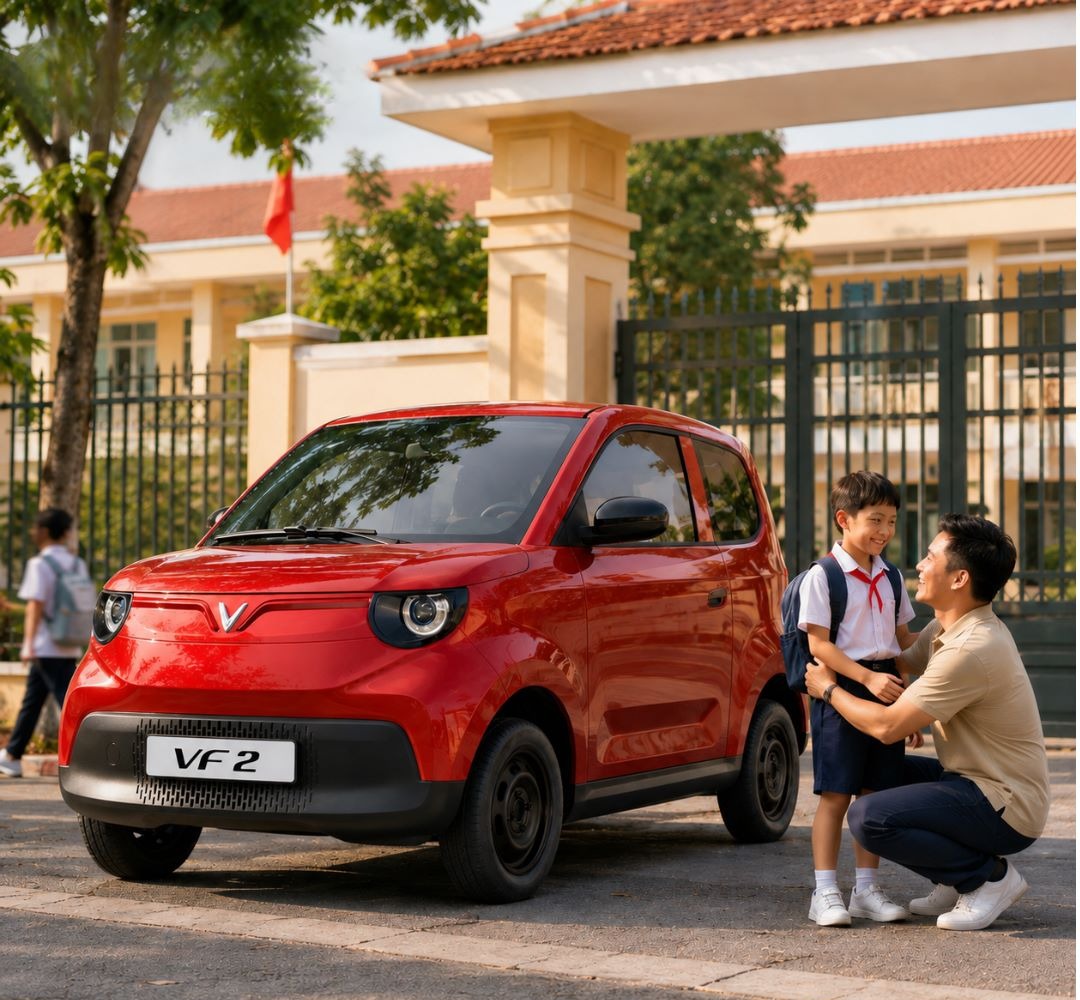 VinFast VF 2 màu đỏ đón con trước cổng trường mùa mưa