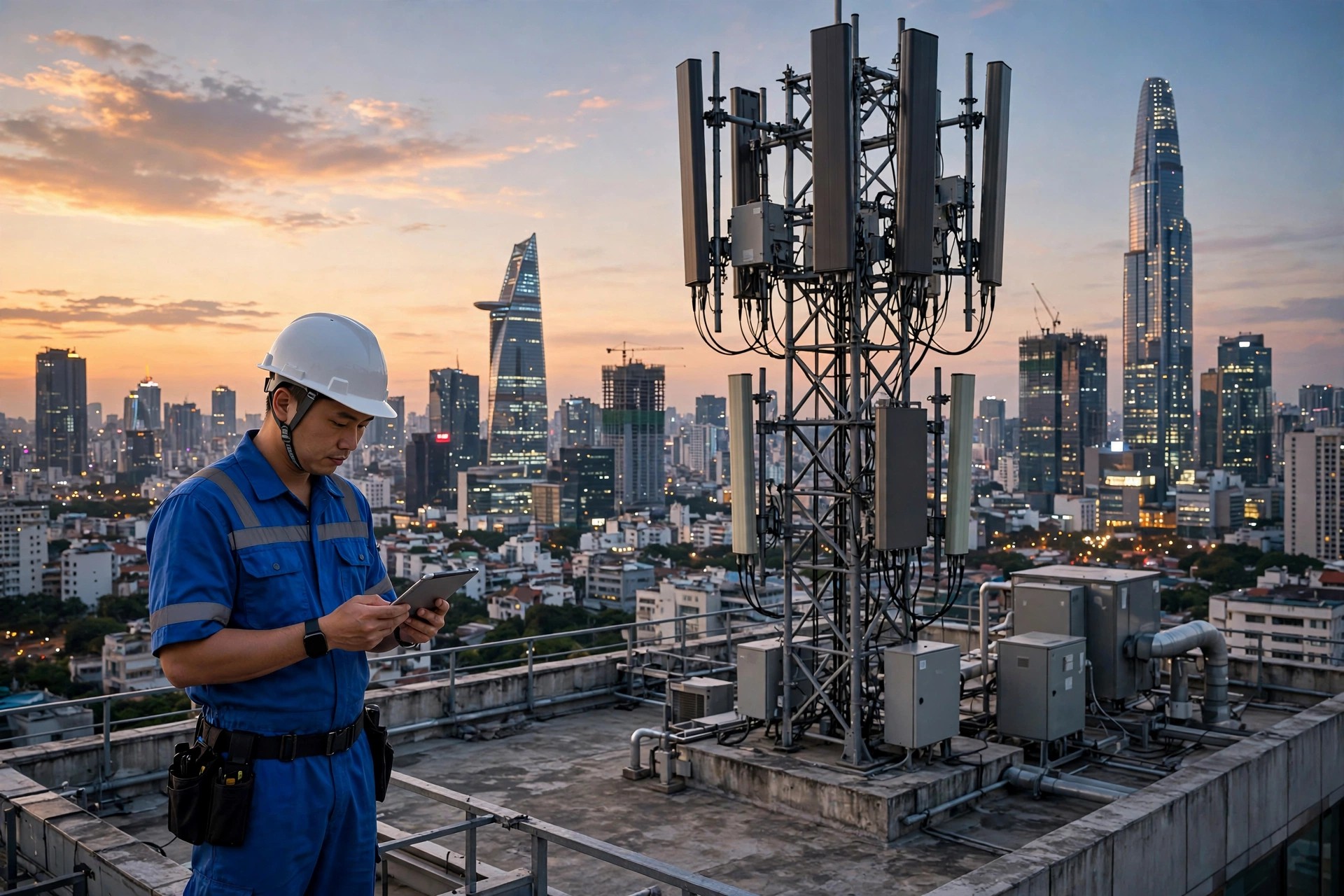 Kỹ thuật viên kiểm tra trạm phát sóng VinaPhone 5G trên mái nhà tại đô thị Việt Nam